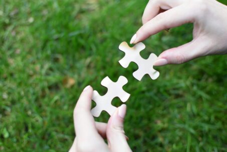 Two hands are shown, each one holding a puzzle piece